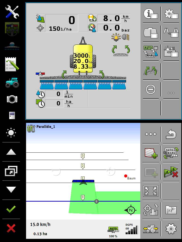 - Terminal Isobus compatible avec tout système répondant à la norme Isobus 11783

- Utilisation en format portrait ou paysage

- jusqu'à 5 affichages possibles sur le même écran :

barre de guidage,  écran de travail, jusqu’à 3 caméras possibles, station météo, horloge

- Ecran couleur  tactile 800X600 pixels 

- Taille : 12,1''

- Dalle tactile en verre de haute qualité

- Port USB

- Terminal évolutif
